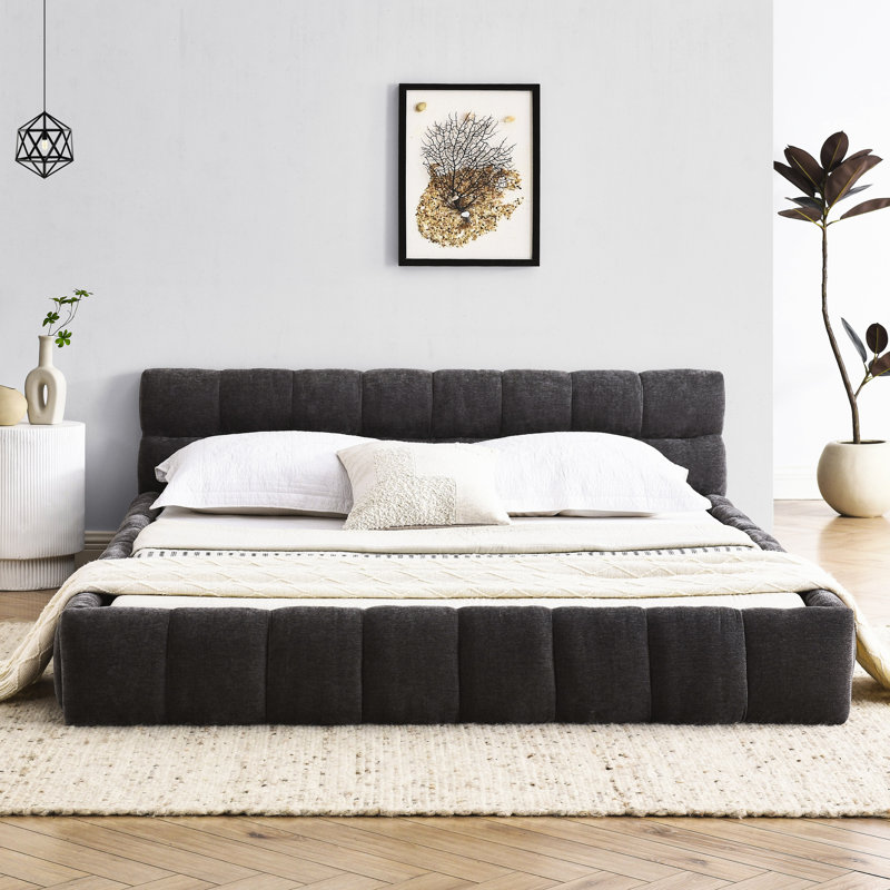 Lit chenille en tissu, grand lit, gris foncé, cadre solide, aucun sommier requis, Gris foncé