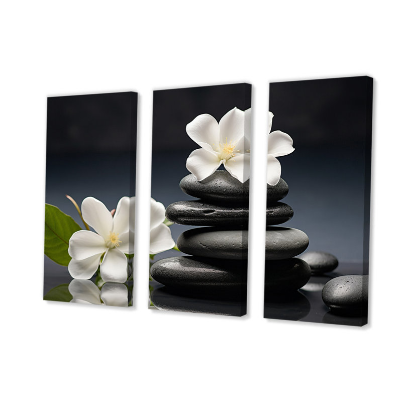 «Zen Black River Stone Blooming Magnolias - Lily», reproduction d'art sur toile, H 28 po x l 36 po x P 1 po