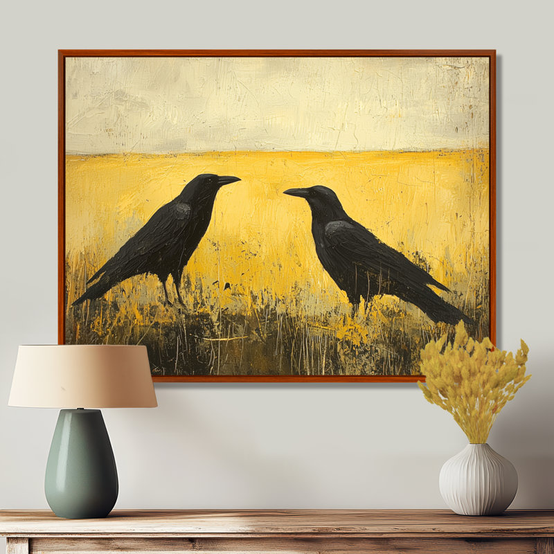 2 corbeaux au bord du champ II - oiseau, art mural, H 34 po x l 44 po, Cadre flottant, Brun