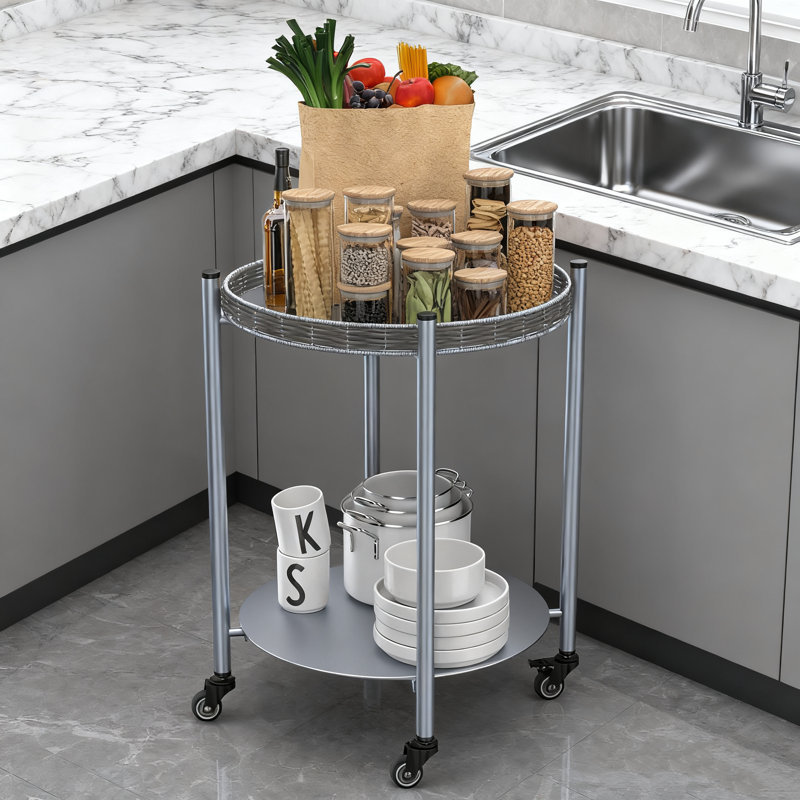 1pc Round Coffee Table With Wheels | 2-tier Silver Gray Metal Side Table, 15.75x15.16x23.43in, Detachable Movable Bedside Nightstand, Smooth Glide/2-tier Storage, For Bedroom/living Room/next To Sofa