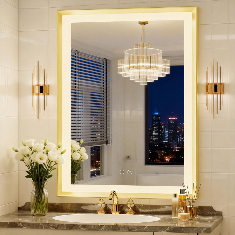 LED Bathroom Vanity Mirror with Anti-Fog and Dimmable Light, Aluminum Frame Wall Mirror, 28" x 36", Brushed Gold