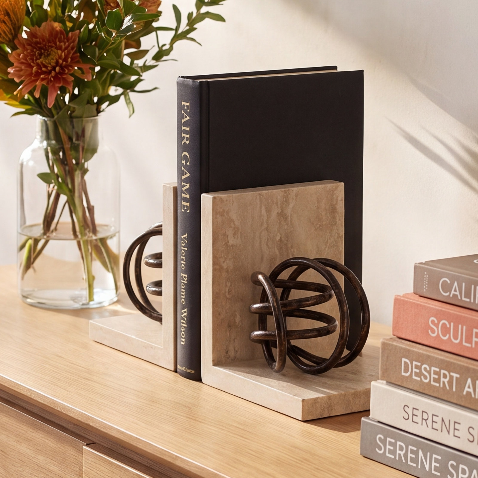 Wooden Bookends with Black Metal Coiled Sculptures