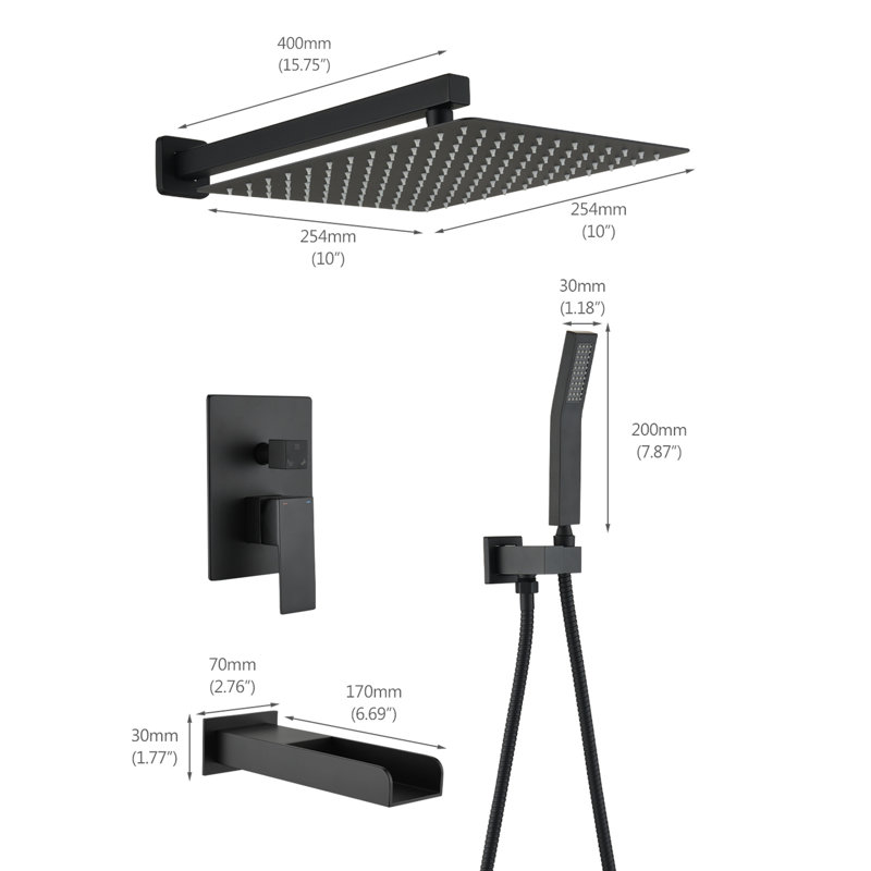 Ensemble de douche noir mat - Système de salle de bain en laiton avec pomme de douche à effet de pluie de 10 pouces et tenue à la main efficace contre les acides faibles