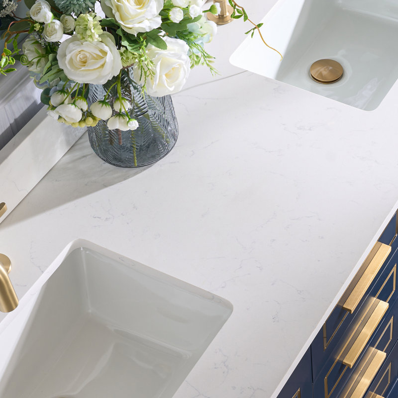 35'' H X 60' W Solid Wood Freestanding Bath Vanity With Carrera Quartz Top And Double Sink, Marine