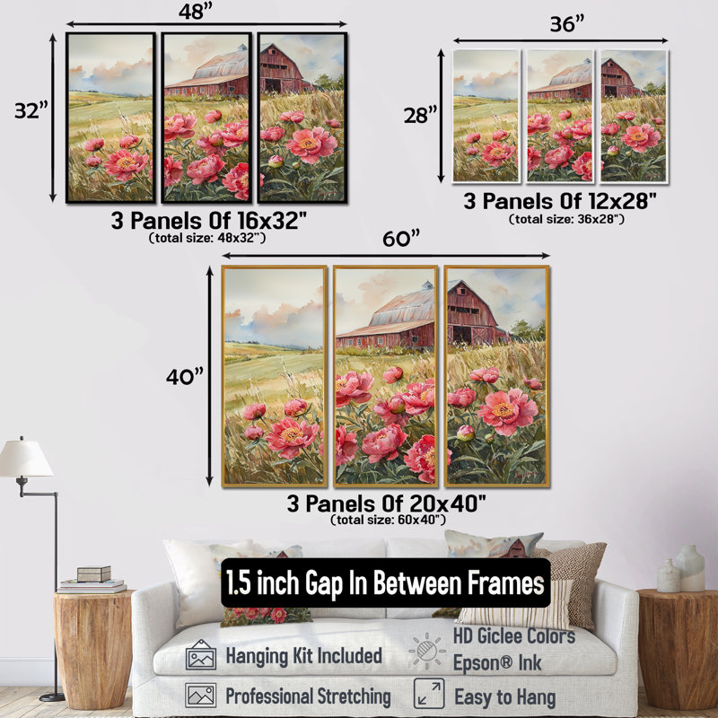 Pivoines dans la brise de basse-cour VI - décorations murales pivoines - 3 pièces, Érable, H 40 po x l 60 po