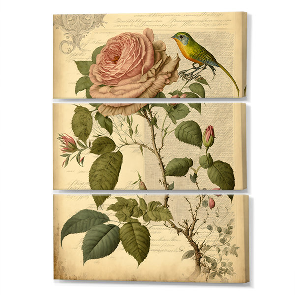 DesignArt Victorian Retro Pink Rose VII On Canvas 3 Pieces Print | Wayfair