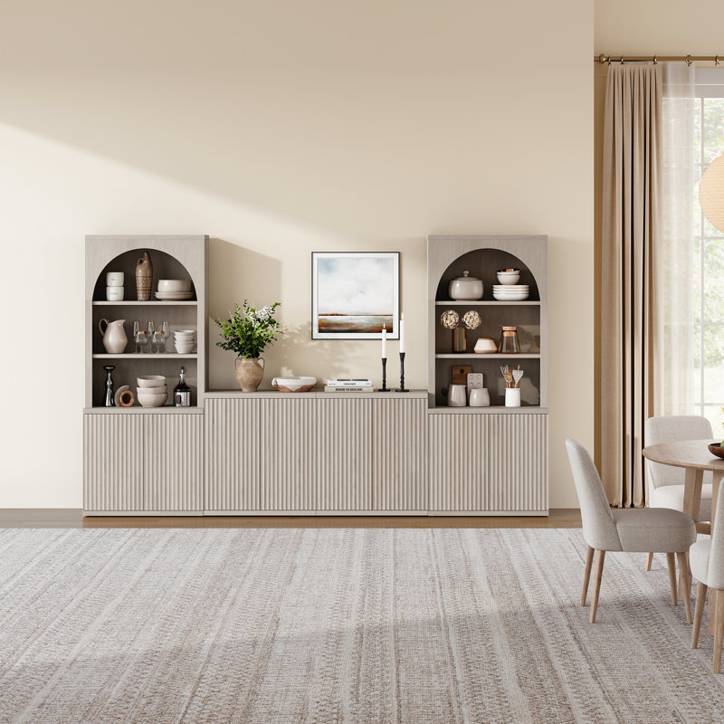 77.6''H Fluted Arched Bookcase With Open Shelves and Storage Cabinet, 2, White Alder