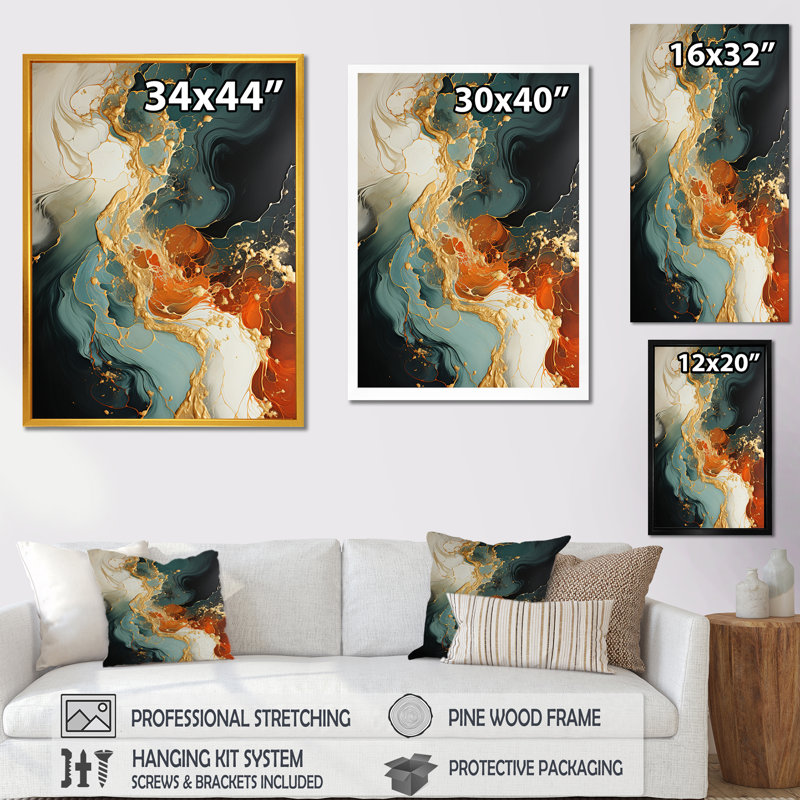 Orange Stone Storm IV - Abstract Wall Art, Black Picture Framed, 44" H x 34" W x 1.5" D