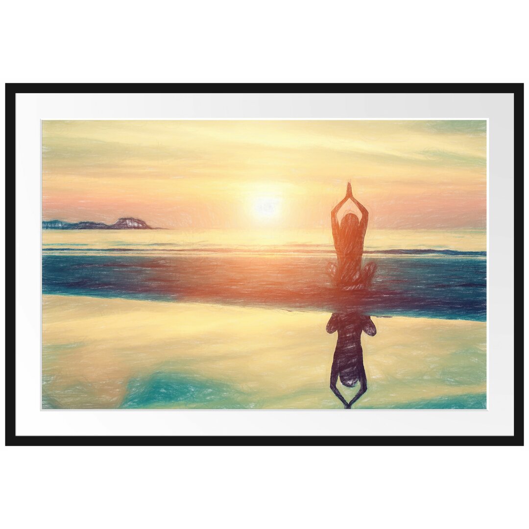 Gerahmtes Poster Frau in einer Yogapose am Strand