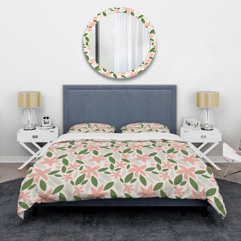 Formes florales roses et vertes I - ensemble de housse de couette moderne - microfibre de polyester