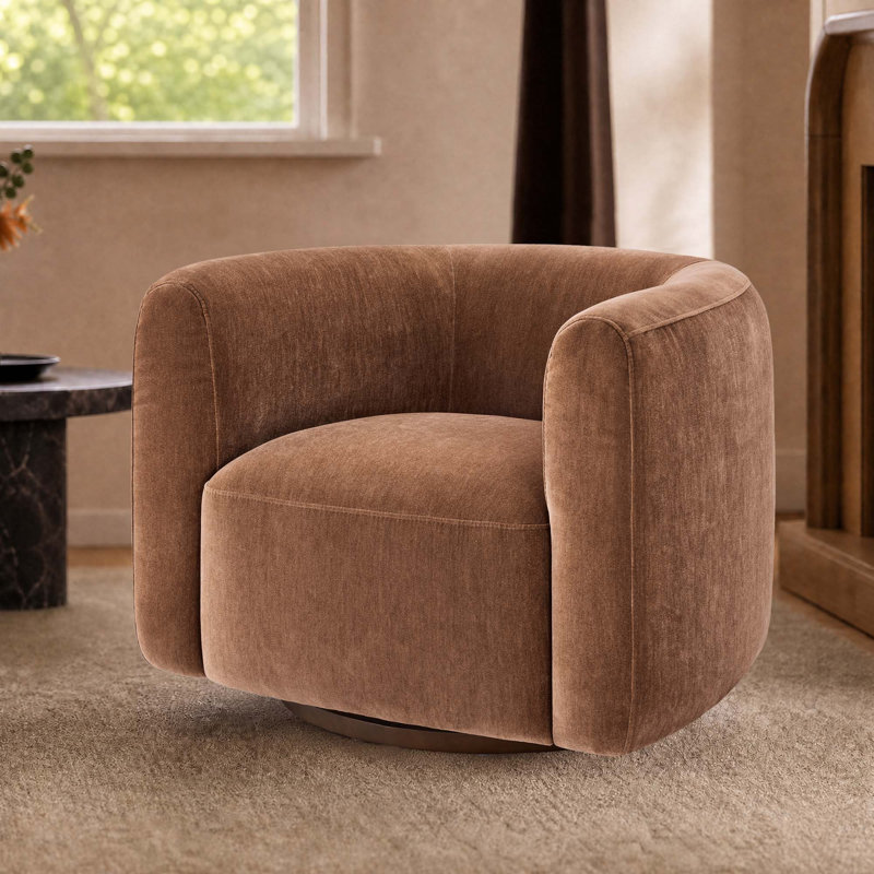Becki Owens for Joss & Main Upholstered Swivel Barrel Chair, Canna Mocha Performance Chenille
