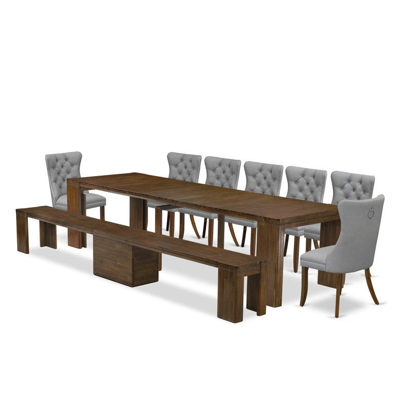 L'ensemble de salle à manger moderne 9 pièces contient une table de cuisine rectangulaire extensible, 7 chaises de salle à manger en tissu de polyester et 1 banc moderne, noyer antique