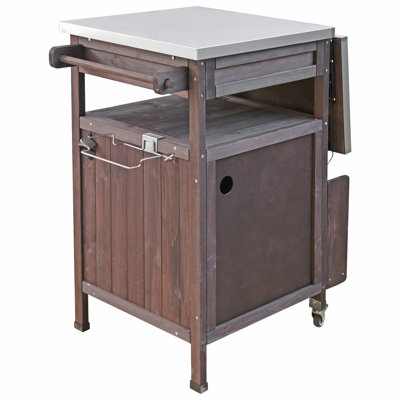 Chariot de barbecue extérieur de 40,5 po avec plateau en acier inoxydable, armoire de rangement d'extérieur en bois massif avec abattant, un tiroir, porte-serviettes, chariot de cuisine roulant avec roues verrouillables pour jardin, brun