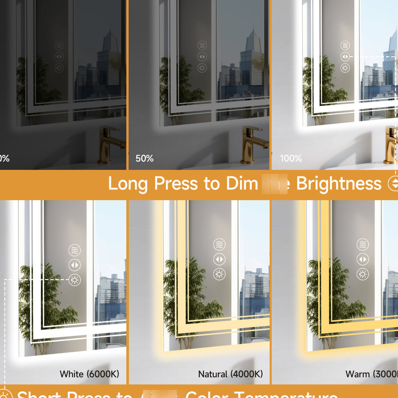 Miroir à DEL 40 po x 32 po pour salle de bain, luminosité réglable et réglage de la température de couleur, brouillard intégré, commande de l'interrupteur mural, verre trempé incassable de 4 mm avec 3 options, compatibilité,