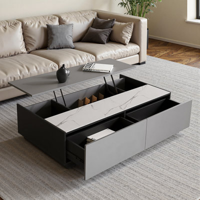 Table basse à plateau relevable 51 po avec plateau en pierre frittée et tiroirs de rangement à compartiments cachés