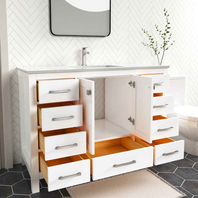 Meuble-lavabo autoportant 48 po Anvay en blanc mat avec comptoir en quartz de Carrare, Blanc mat, Quartz blanc
