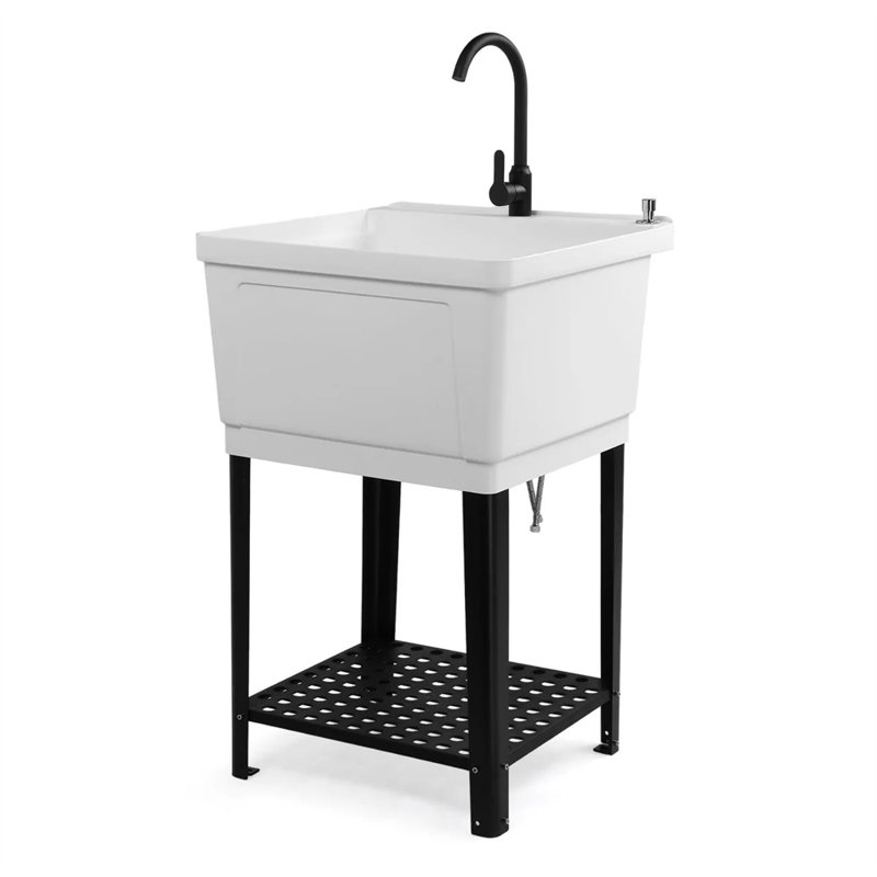 Plastic Utility Sink Freestanding With Storage Shelf, White
