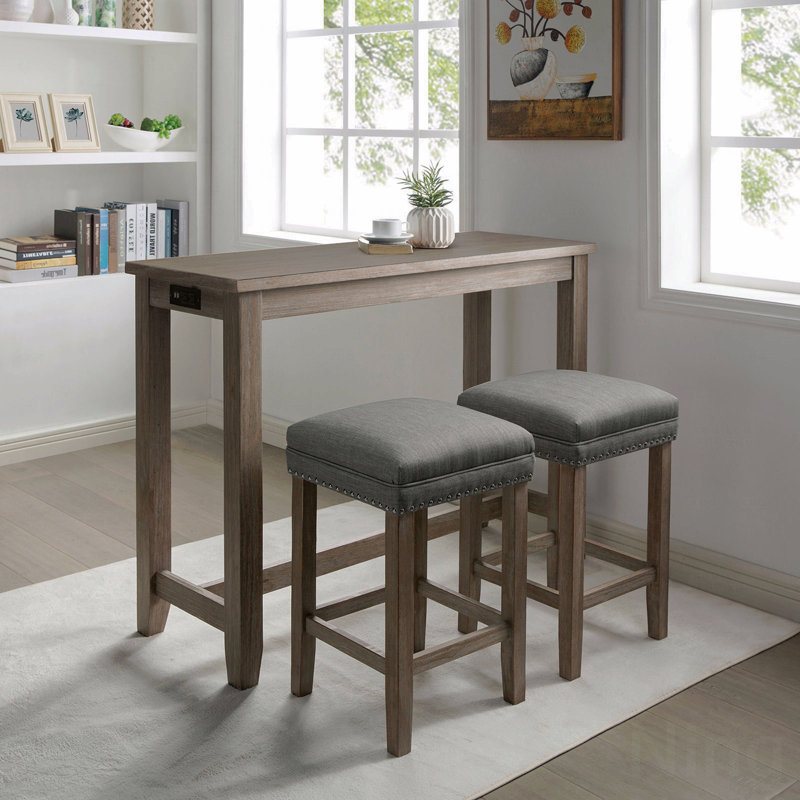 Transitional Style 3Pc Dining Table Set 1 X Table 2 X Stool Padded Seat Nailhead Trim Usb Port Wire Brushed