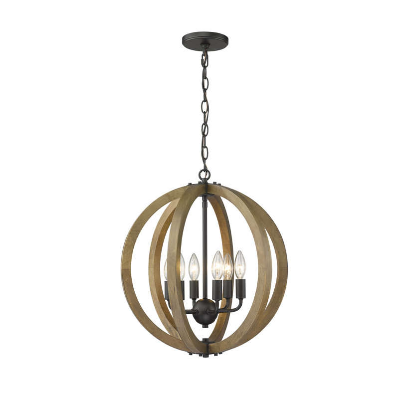 Lustre de globe à globe de style bougie 6 lumières avec accents de bois Musab