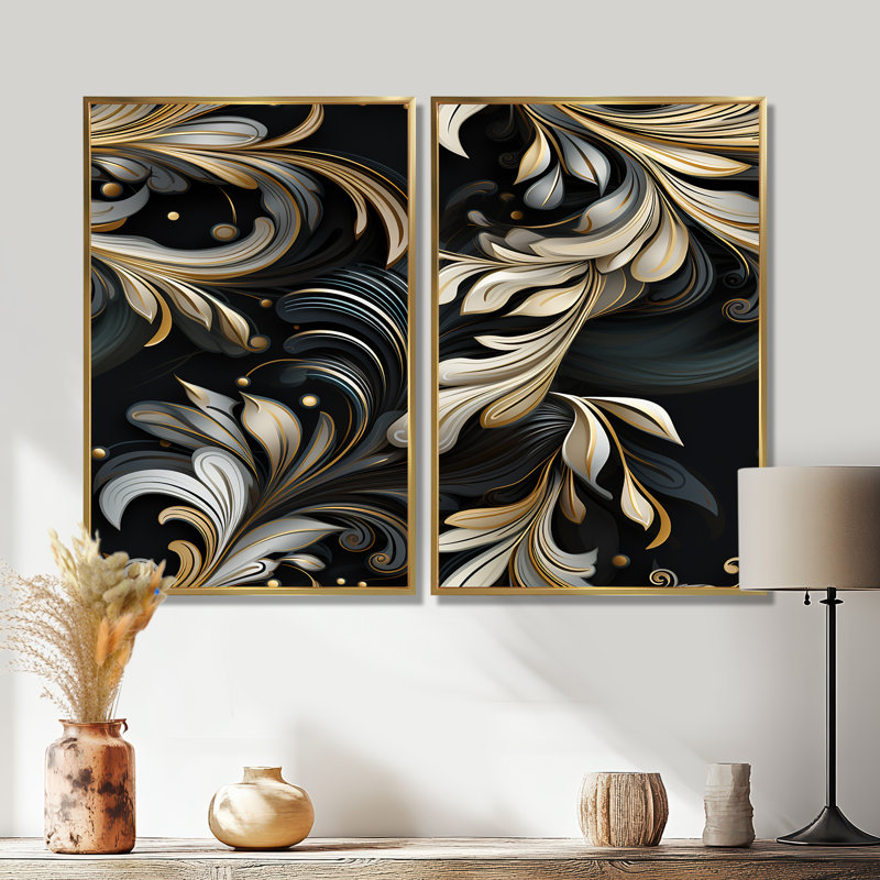 Millau - Abstract Fashion Wall Art 2-Pieces, H 36 po x l 48 po, Impression encadrée flottante, Doré