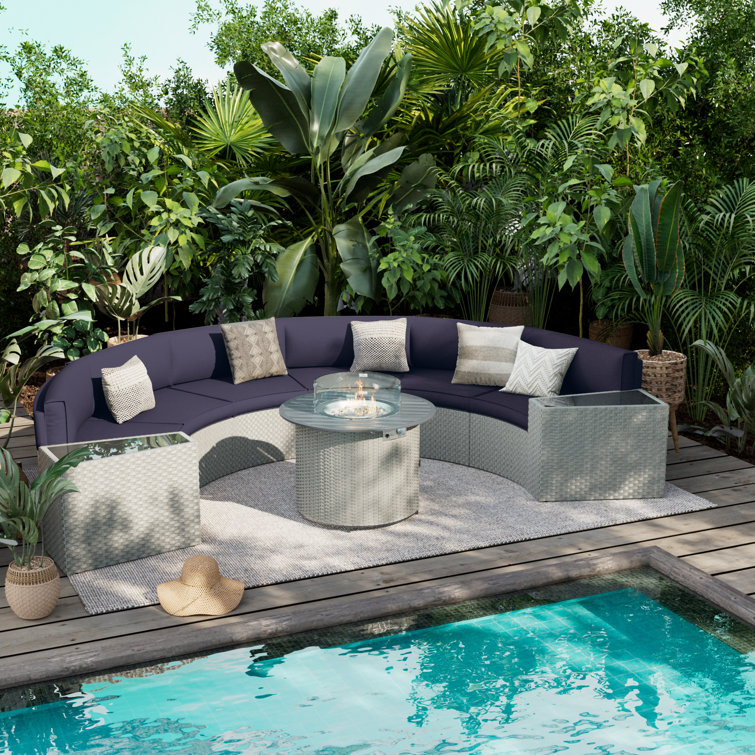 Meredithe Half-Moon 6 - Person Fully Assembled Curved Patio Conversation Set With Fire Pit Table & Side Table