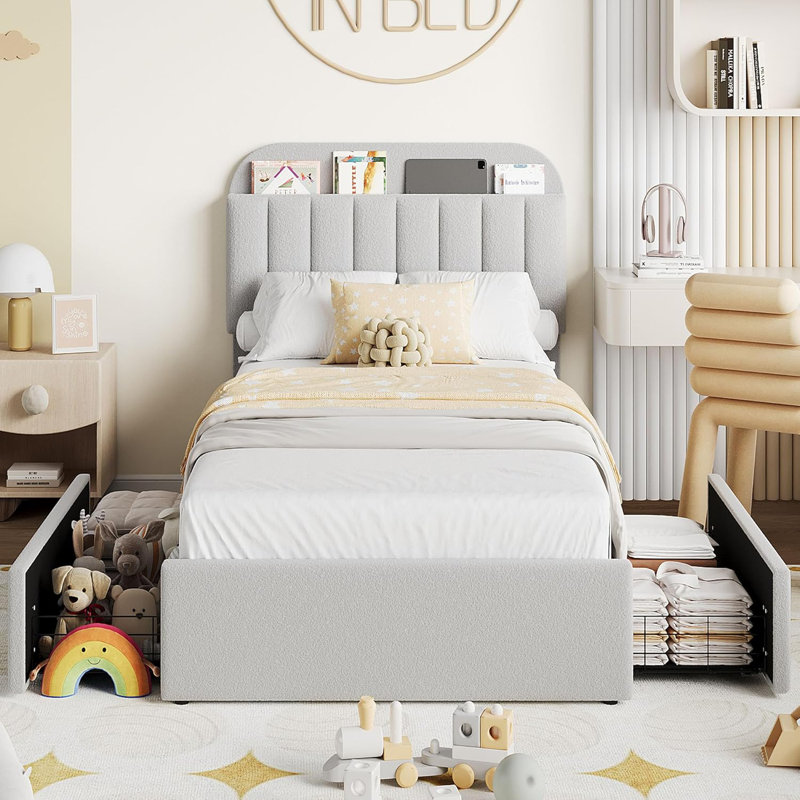 Bed Frame with 2 Flexible Drawers and Bookcase Headboard, Boucle Upholstered Platform Bed, Noise-Free, Easy Assembly, No Box Spring Needed