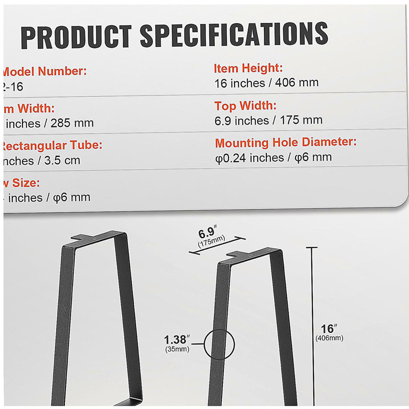 Pieds de table trapézoïdaux en acier de 16 pouces, ensemble de 2 pieds de remplacement pour tables basses, bureaux modernes, banc, tables de chevet, canapé, charge maximale 400 lb, installation rapide, pieds noirs