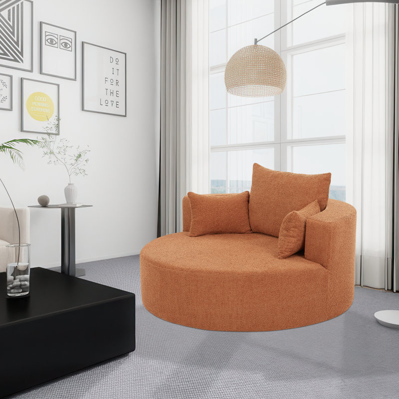 Modern Minimalist 360 Degree Swivel Chenille Fabric Upholstered Accent Barrel Chair, Orange Red Boucle