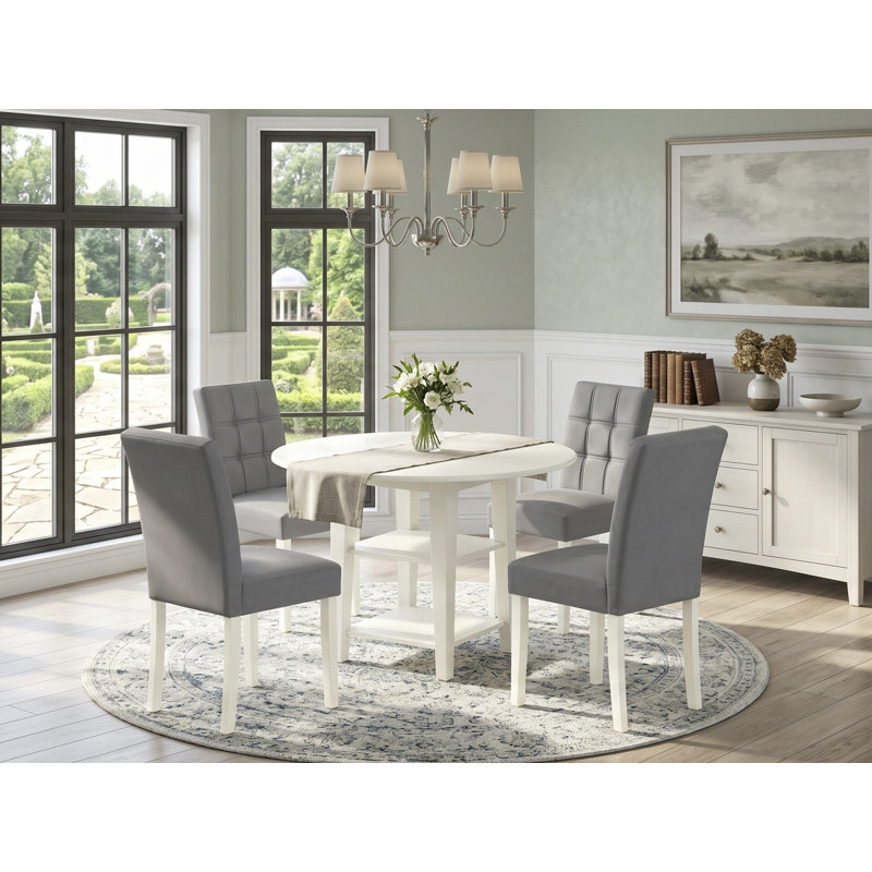 Linen White Finish Round Solid Wood Top Dining Table Set, Platinum Gray, 5 Pieces: 1 Table, 4 Chairs