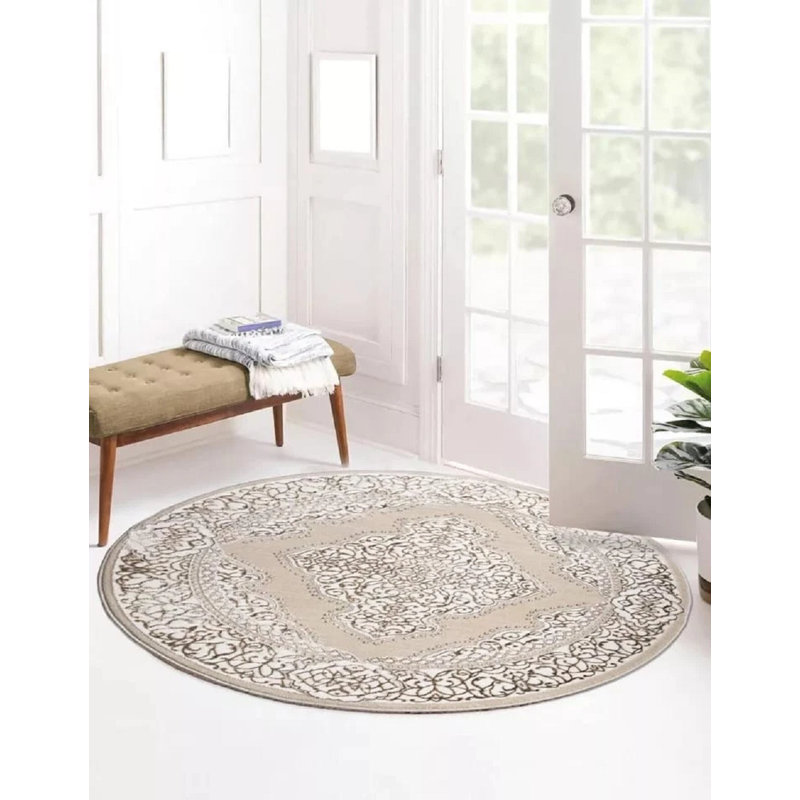 Abstract Indoor / Outdoor Area Rug, Round 120 cm, Beige