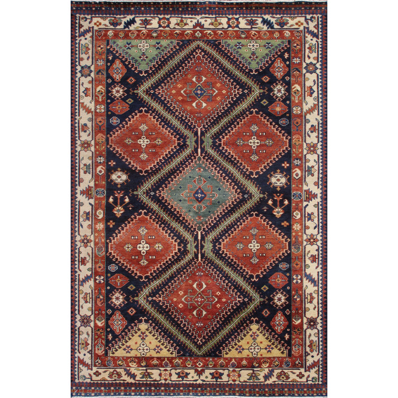 Hand-Knotted Ivory and Navy Wool Oriental Rug 7' x 10'