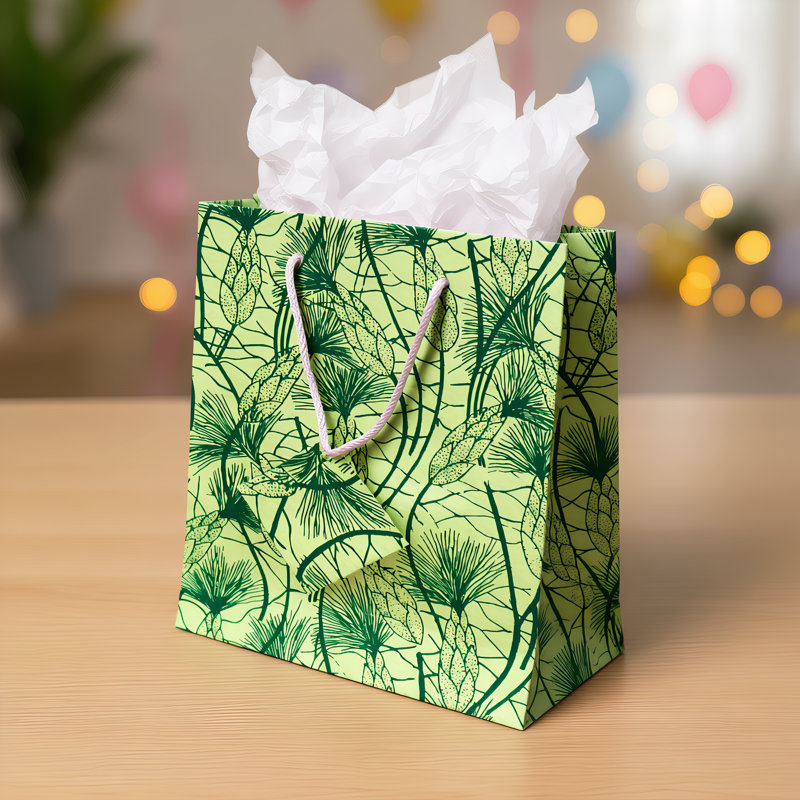 Sacs-cadeaux en coton recyclé avec étiquette en forme d'herbe de plage verte