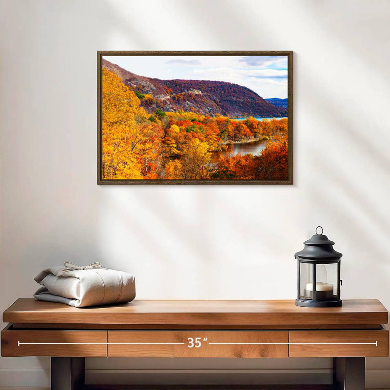 Paysage d'automne avec ours, 19 po x 13 po, Cadre flottant noyer