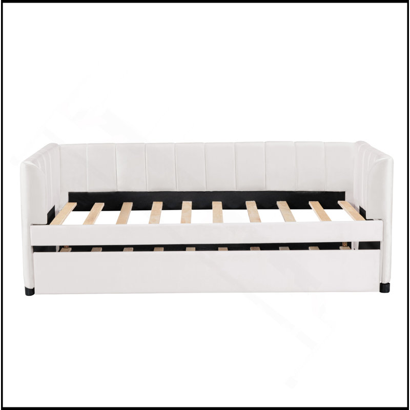 Twin Size Upholstered Daybed With Ergonomic Design Backrest And Trundle, Beige
