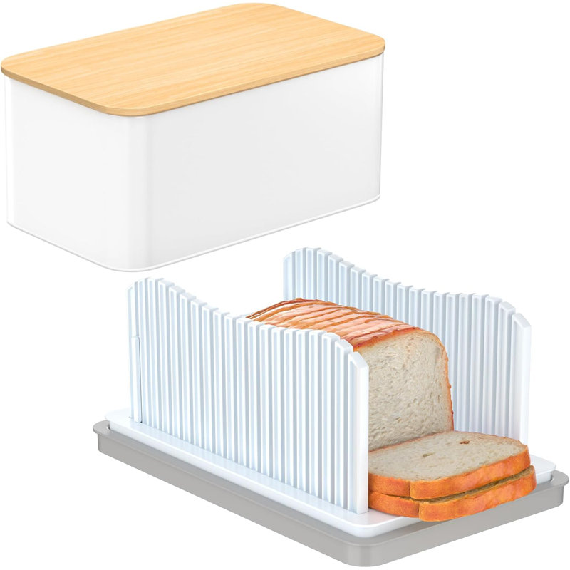 Bread Slicer For Homemade Bread With Bread Box, Foldable Bread Cutter With Crumb Tray, Adjustable Width Bread Slicing Guide For Loafs, Sandwiches, Bagels, And Cakes