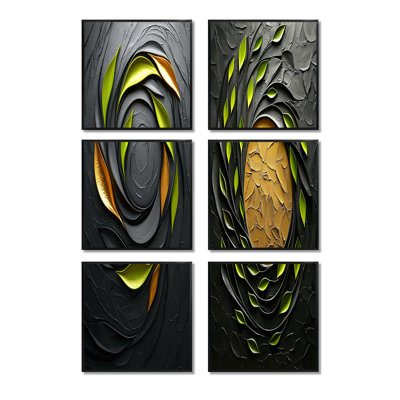«Green and Black Botanical Balance», ensemble de 6 reproductions d'art sur toile abstraites