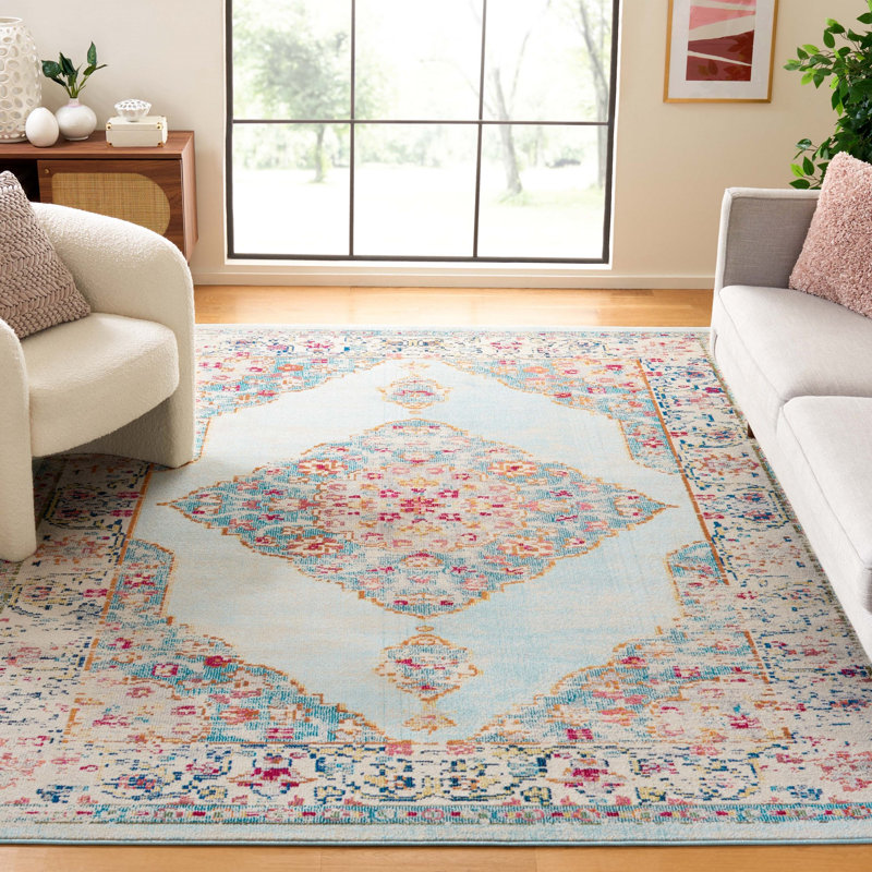 Tapis oriental oriental fabriqué à la machine ivoire / turquoise, Rectangle 8 pi x 10 pi