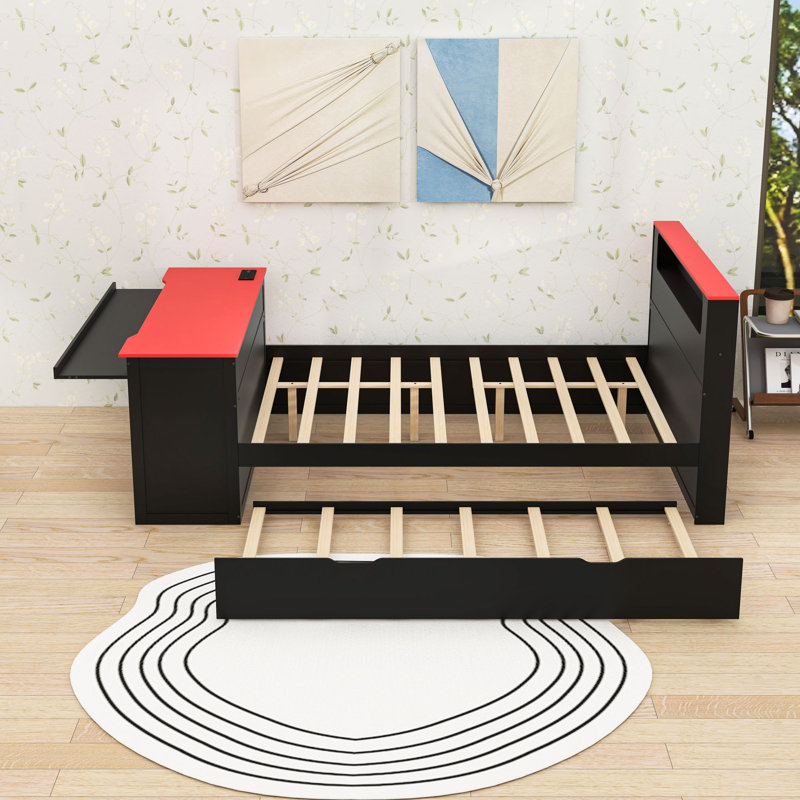 Lit plateforme en bois avec lit gigogne simple, bureau, tête de lit à DEL RVB contrôlée par l'application et station de charge