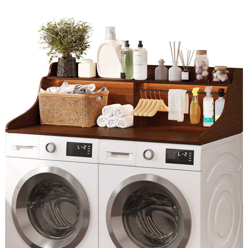 54” Washer Dryer Countertop with LED Light, Wooden Washer Dryer Topper with 2-Tier Shelves and Hanging Rod, Walnut, Brown