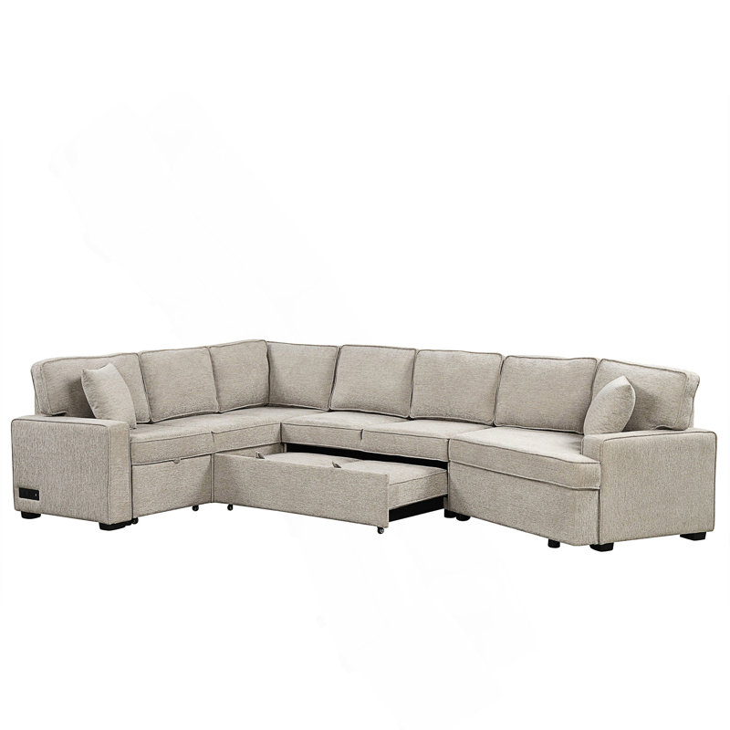 126" L-Shaped Sofa Sectional Sofa Couch Pull-Out Sofa Bed With Charging Devices And Cup Holders For Living Room