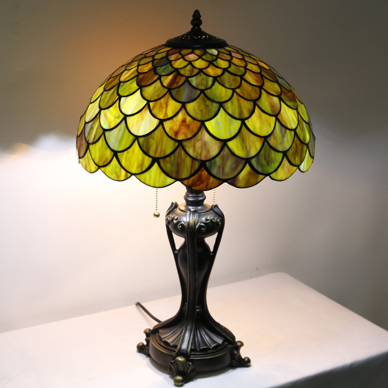 Lampe de table en verre teinté Tiffany 16 x 16 x 24 pouces, brun, écailles de poisson, bureau, chambre à coucher, salon, lampe de lecture antique