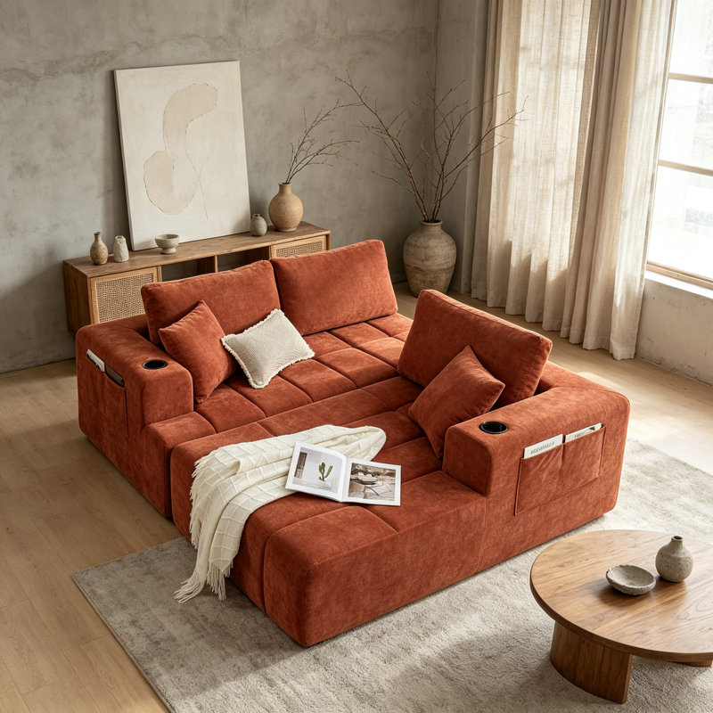 Canapé modulaire en L 108 po en chenille orange de 108 po, canapé à compression 4 places avec méridienne droite, porte-gobelets et poches latérales, canapé rembourré sans assemblage pour salon
