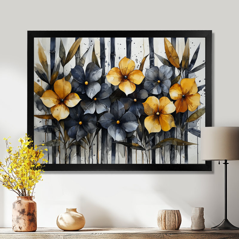 Géométrique, fleurs de bambou, horizon, art mural en bambou, H 12 po x l 20 po, Cadre simple, Noir