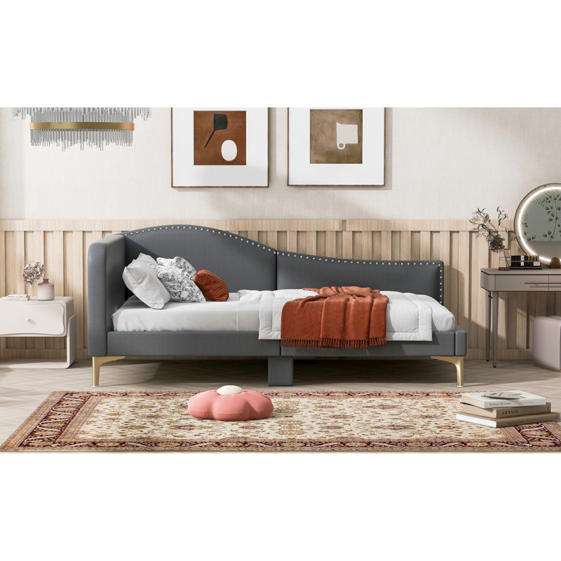 Lit de jour gris avec tête de lit et accoudoirs rembourrés gris, Lit simple, Gris