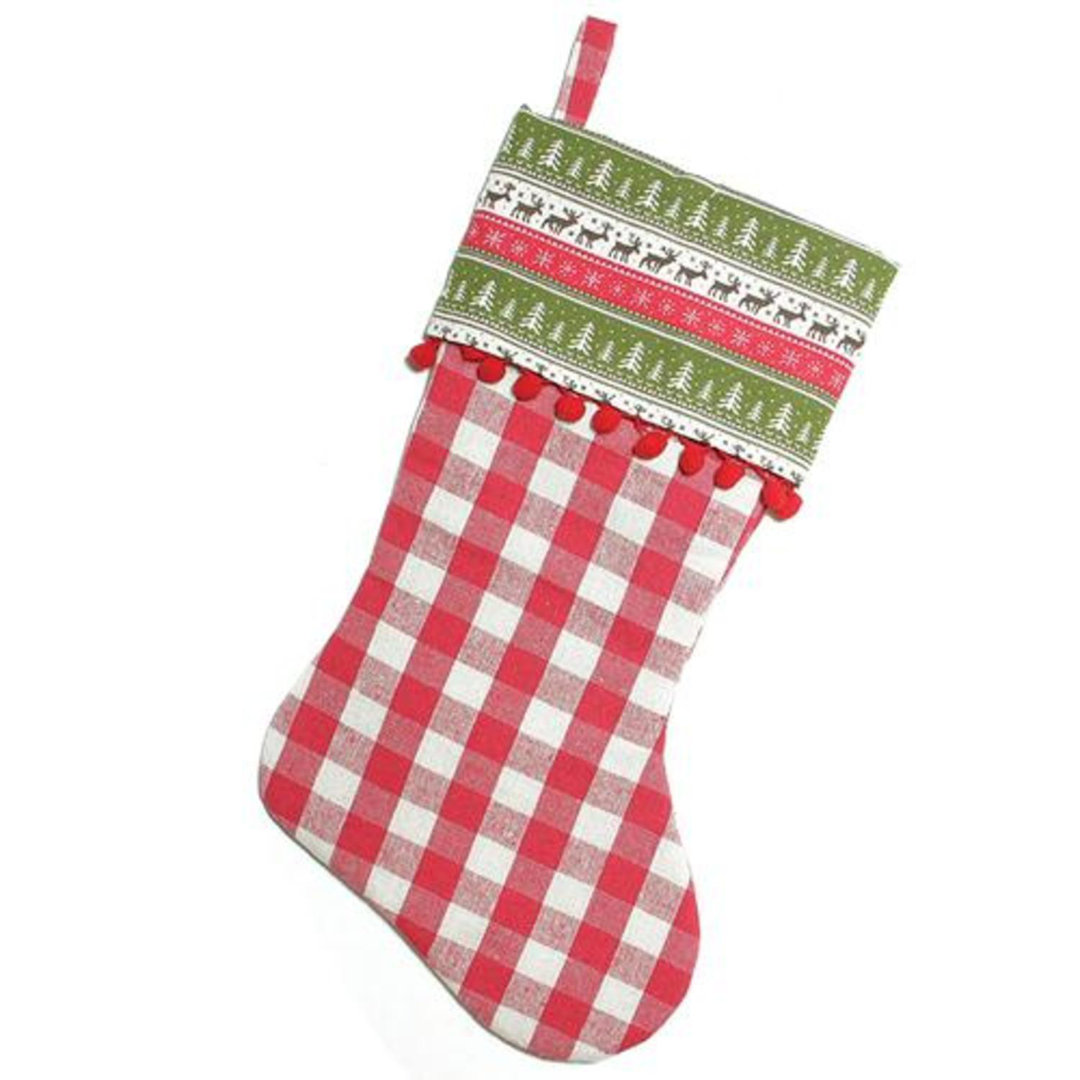 19" Red and Green Rustic Plaid Christmas Stocking with Red Pom-Poms and Lodge Cuff Northlight Seasonal