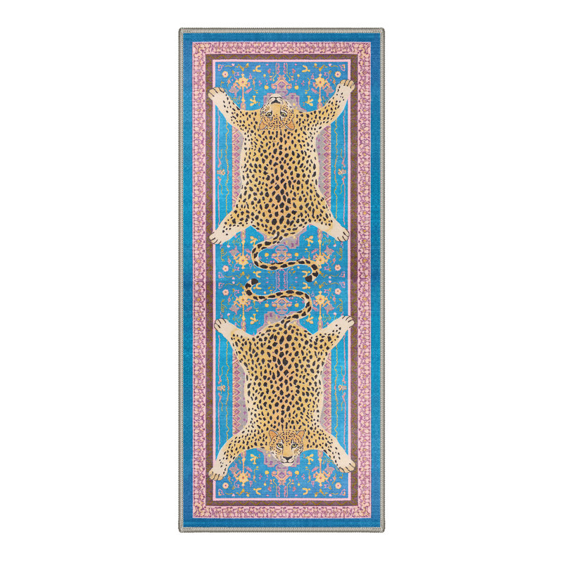 Tapis bleu à imprimé léopard Alinda, Blue, Tapis de couloir de 2 pi x 7 pi