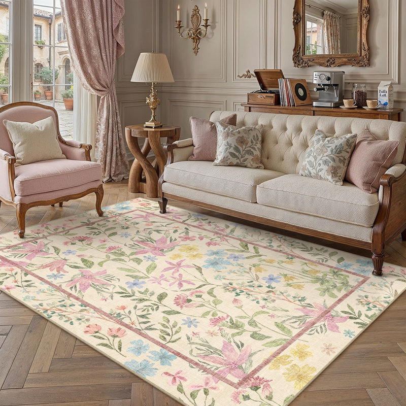 Tapis cerise moderne lavable à la machine avec envers antidérapant, Rectangle 5 pi x 7 pi, 0.35"