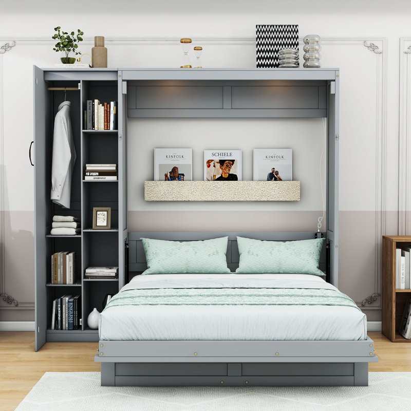 Lit escamotable avec rangement intégré et lumières DEL, Double, Gris