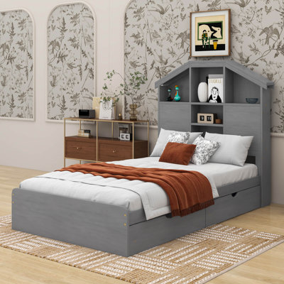 Valtin Twin Size Wood Platform Bed with House-shaped Storage Headboard and 2 Drawers -  Latitude RunÂ®, 34CDDE5AE98B423DB5B1F049BA9C36CC