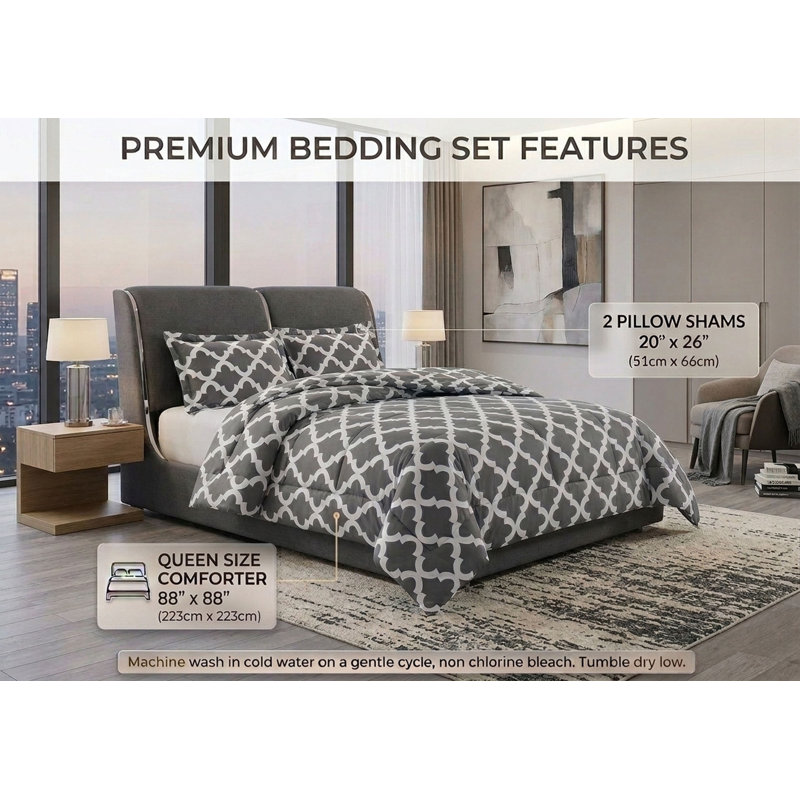 Corona Modern Box Stitch Geometric Shapes Comforter, Queen Comforter + 2 Shams, Gray